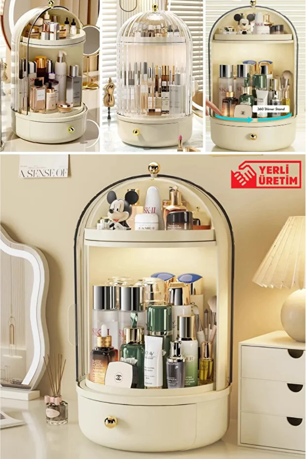 خزانة عرض URVE Glow ذات حامل دوار 360 درجة مع درج ورف وحاوية منظم مستحضرات التجميل